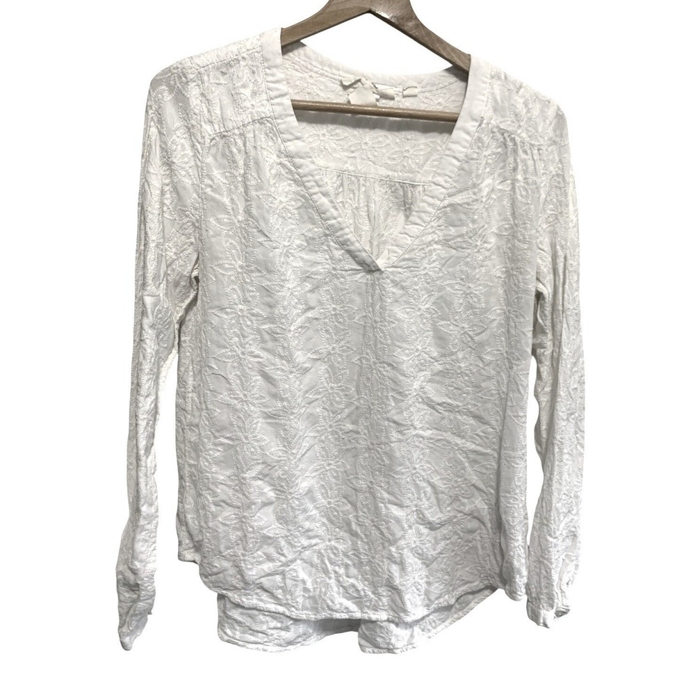 H&M Embroidered V-Neck Blouse 10 White Floral Long Sleeve Top Whimsy Coastal